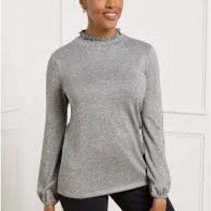 Talbots silver metallic sweater featuring a ruffled neck and a velvet tie closur